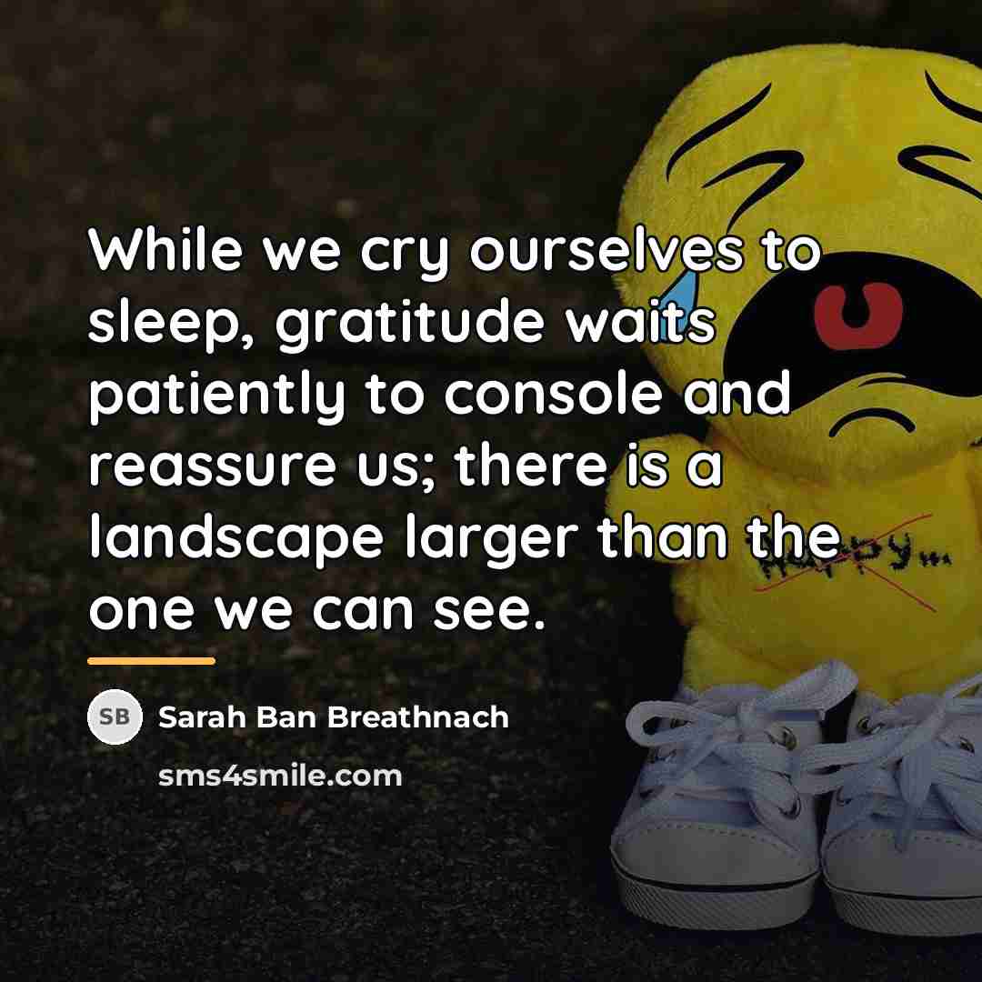 “While we cry ourselves to sleep, gratitude waits patiently to…” quote by Sarah Ban Breathnach