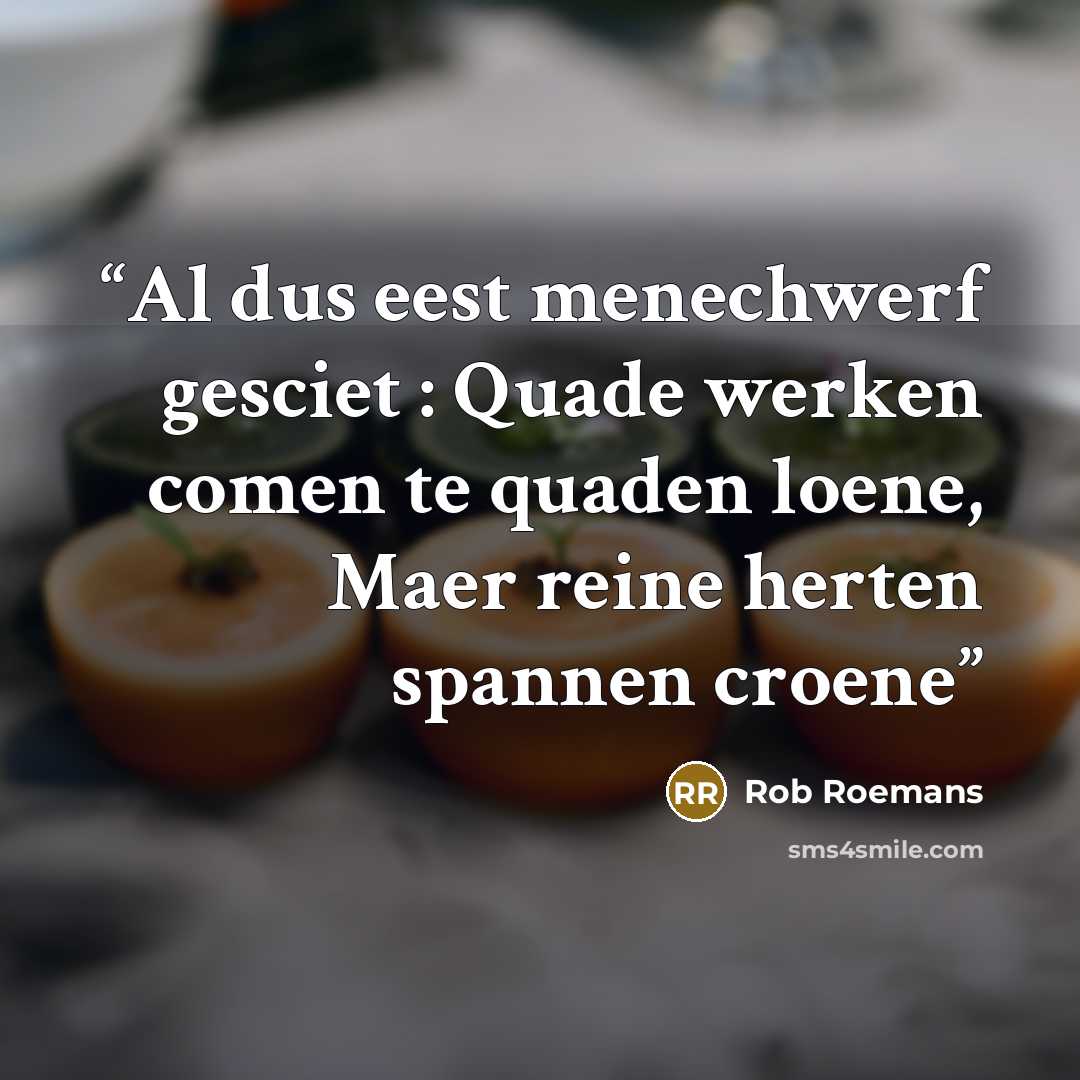 “Al dus eest menechwerf gesciet : Quade werken comen te quaden loene, Maer reine herten spannen croene” quote by Rob Roemans