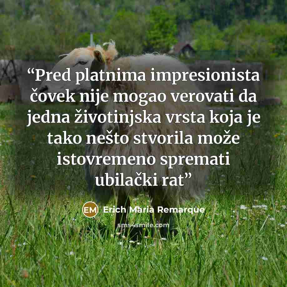 “Pred platnima impresionista čovek nije mogao verovati da jedna životinjska vrsta koja je tako nešto stvorila može istovremeno spremati ubilački rat” quote by Erich Maria Remarque