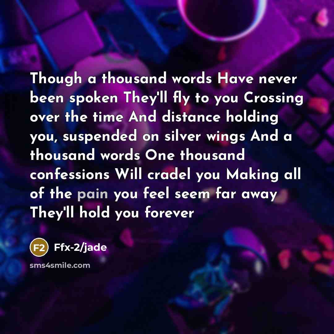 “Though a thousand words Have never been spoken They'll fly to you Crossing over the time And distance holding you, suspended on silver wings And a thousand words One thousand confessions Will cradel you Making all of the pain you feel seem far away They'll hold you forever” quote by Ffx-2/jade