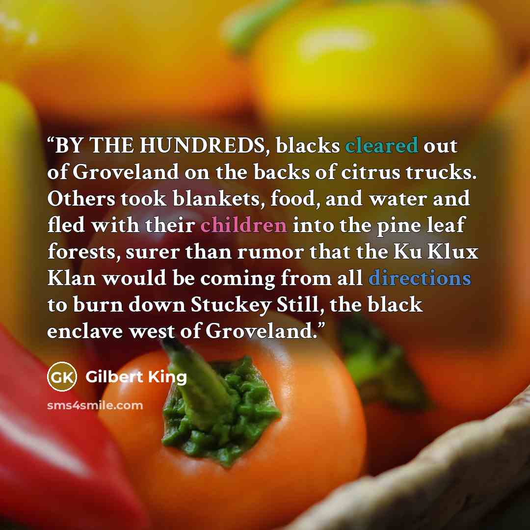 “BY THE HUNDREDS, blacks cleared out of Groveland on the backs of citrus trucks. Others took blankets, food, and water and fled with their children into the pine leaf forests, surer than rumor that the Ku Klux Klan would be coming from all directions to burn down Stuckey Still, the black enclave…” quote by Gilbert King