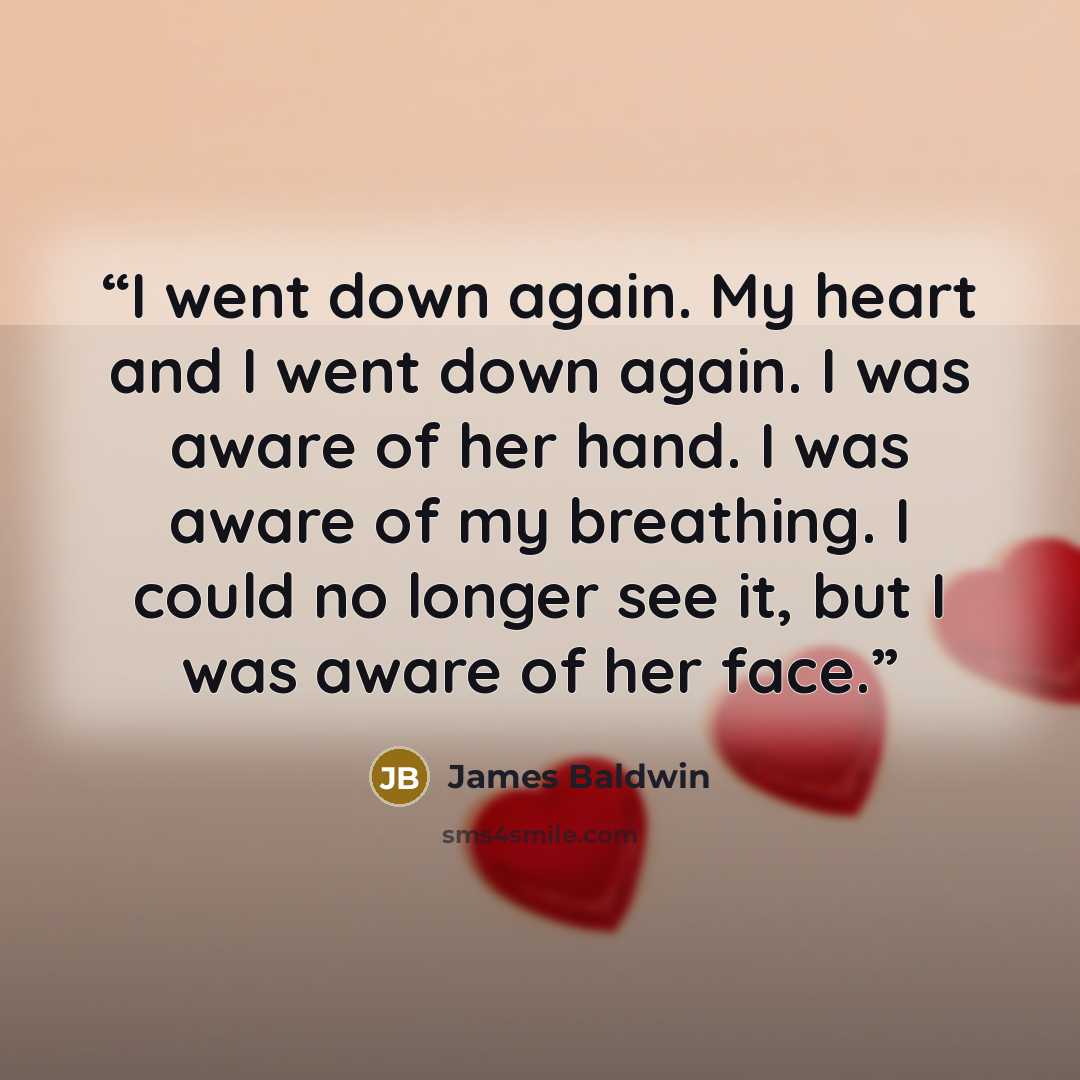 “I went down again. My heart and I went down again. I was aware of her hand. I was aware of my breathing. I could no longer see it, but I was aware of her face.” quote by James Baldwin