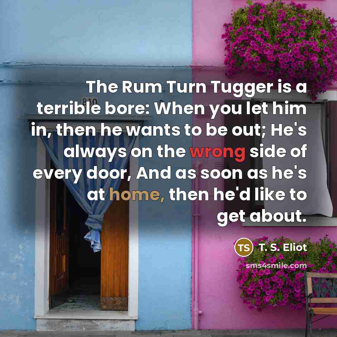 “The Rum Turn Tugger is a terrible bore: When you let him in, then he wants to be out; He's always on the wrong side of every door, And as soon as he's at home, then he'd like to get about.” quote by T. S. Eliot
