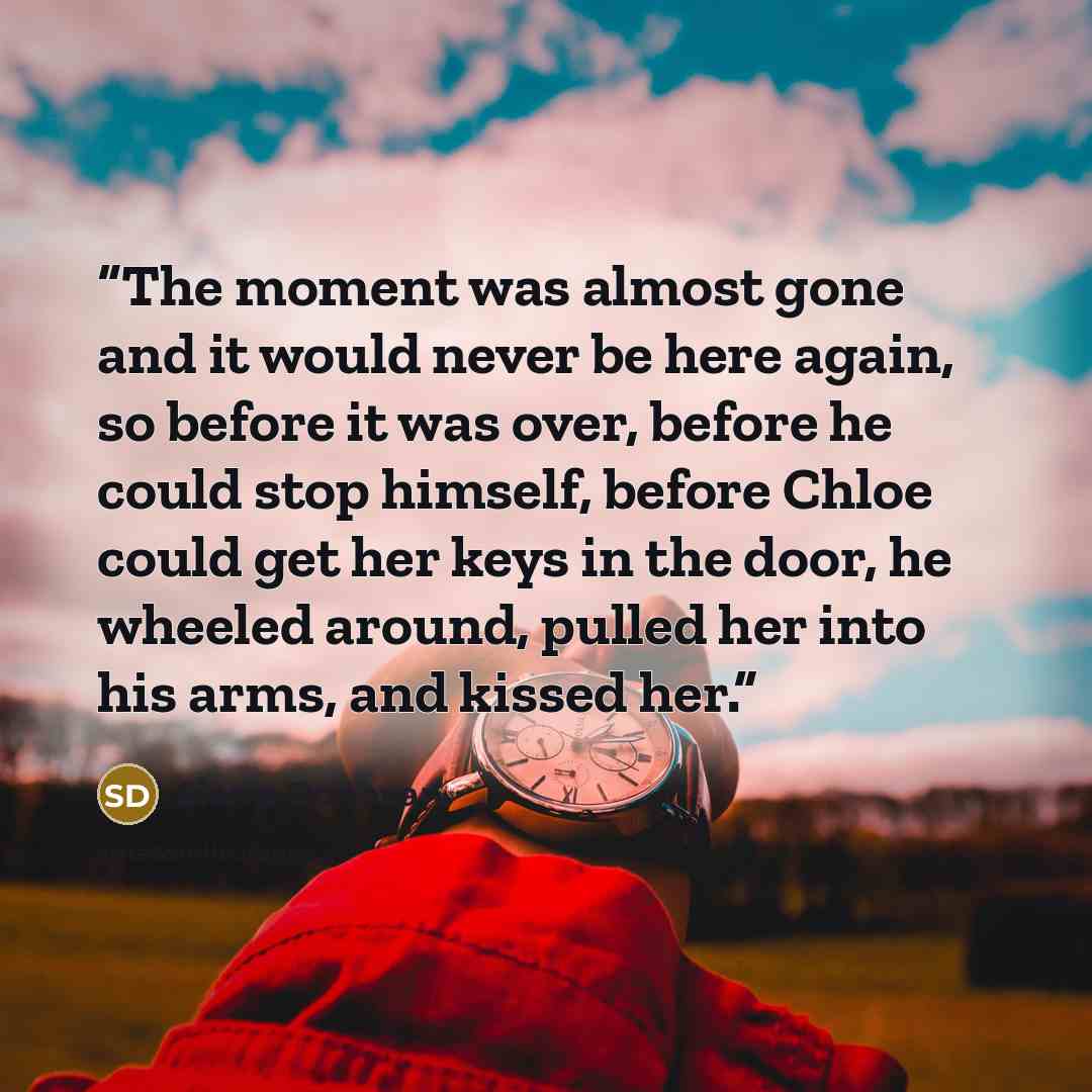 “The moment was almost gone and it would never be here again, so before it was over, before he could stop himself, before Chloe could get her keys in the door, he wheeled around, pulled her into his arms, and kissed her.” quote by Sierra Donovan