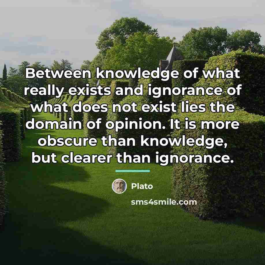 “Between knowledge of what really exists and ignorance of what…” quote by Plato