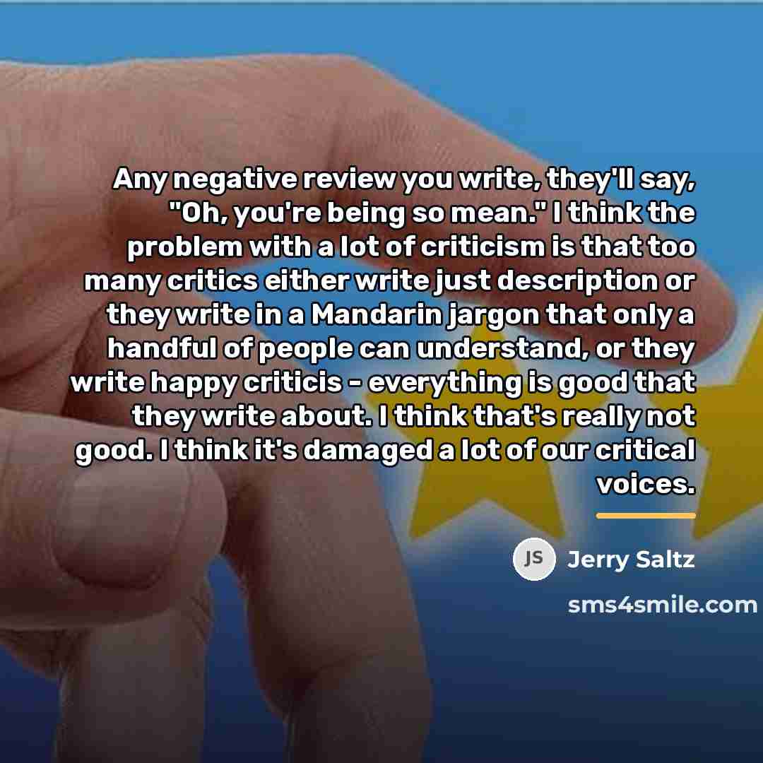 “Any negative review you write, they'll say, "Oh, you're being…” quote by Jerry Saltz