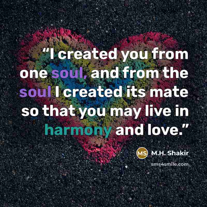 “I created you from one soul, and from the soul I created its mate so that you may live in harmony and love.” quote by M.H. Shakir