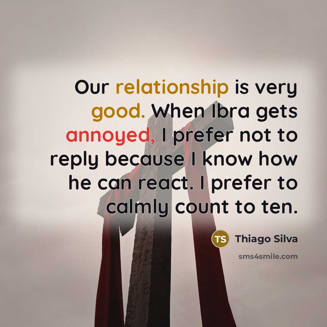 “Our relationship is very good. When Ibra gets annoyed, I prefer not to reply because I know how he can react. I prefer to calmly count to ten.” quote by Thiago Silva
