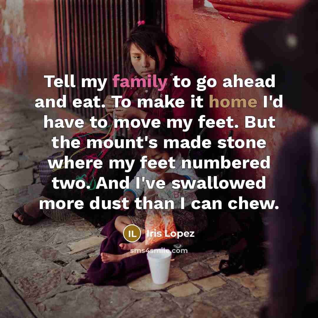 “Tell my family to go ahead and eat. To make it home I'd have to move my feet. But the mount's made stone where my feet numbered two. And I've swallowed more dust than I can chew.” quote by Iris Lopez