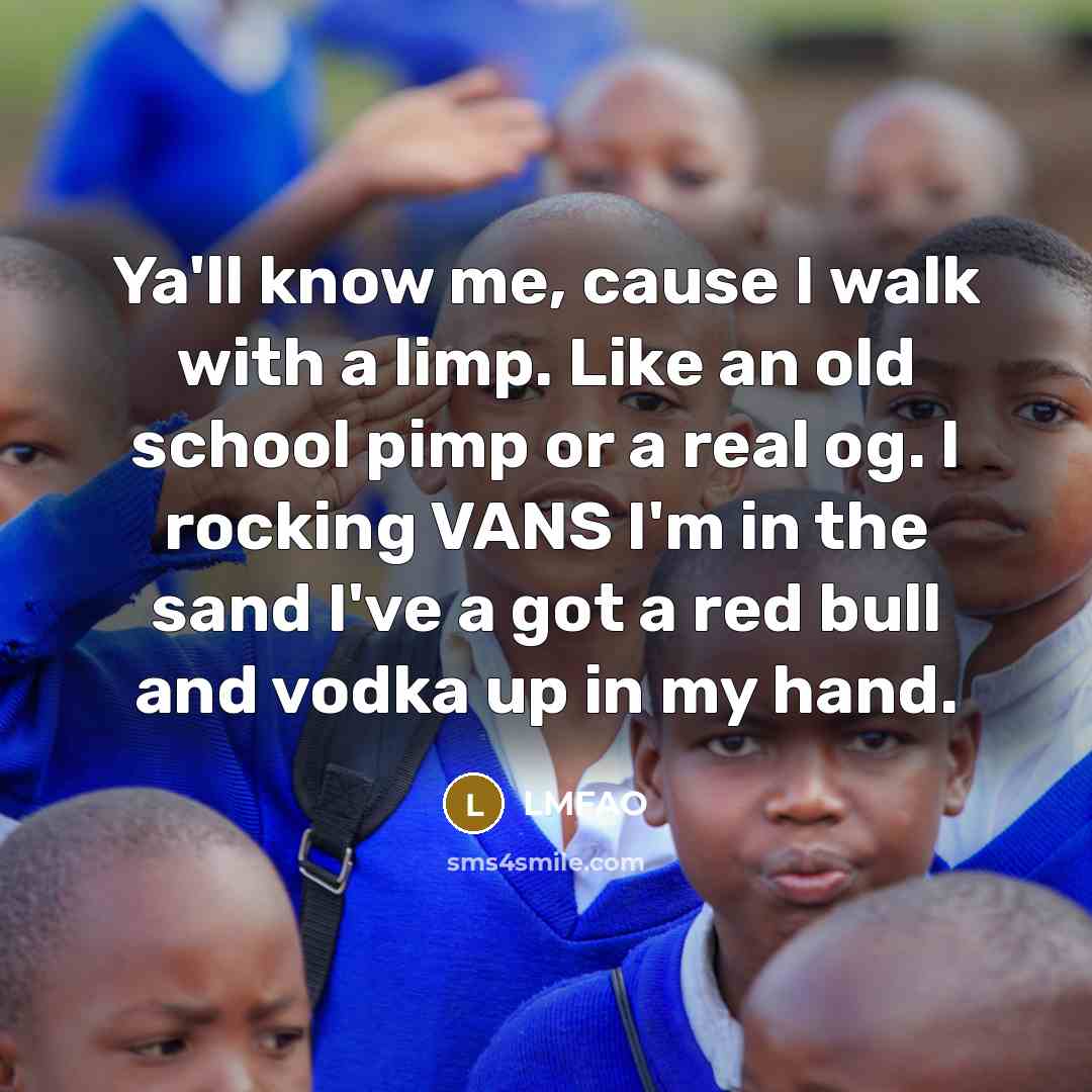 “Ya'll know me, cause I walk with a limp. Like an old school pimp or a real og. I rocking VANS I'm in the sand I've a got a red bull and vodka up in my hand.” quote by Lmfao