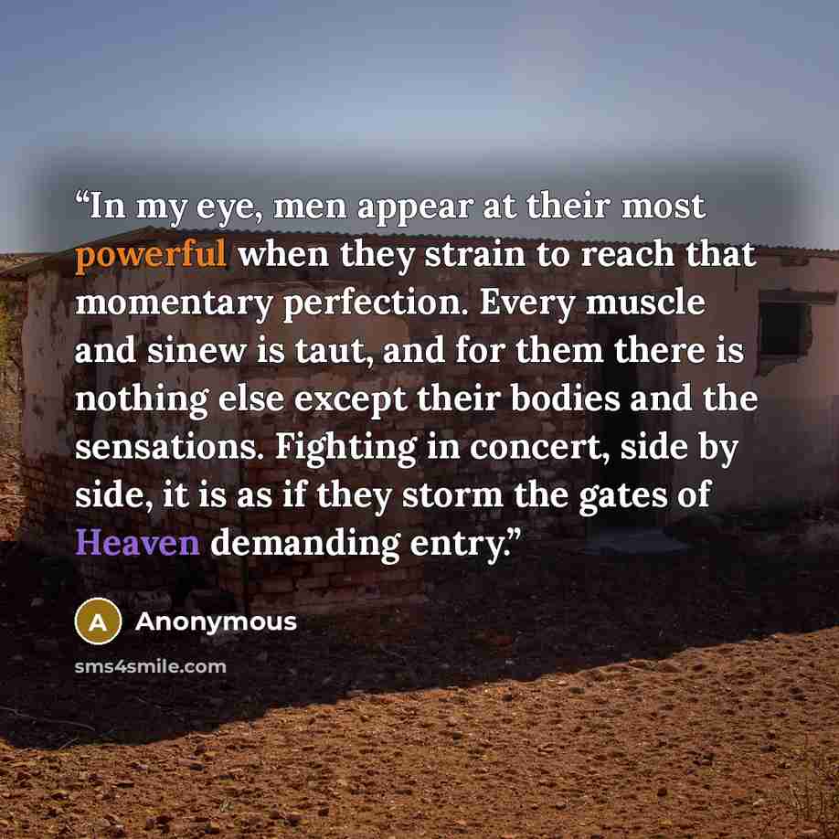 “In my eye, men appear at their most powerful when they strain to reach that momentary perfection. Every muscle and sinew is taut, and for them there is nothing else except their bodies and the sensations. Fighting in concert, side by side, it is as if they storm the gates of Heaven demanding entry.” quote by Anonymous