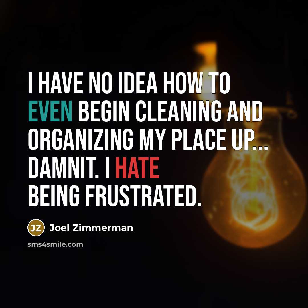 “I have NO idea how to even begin cleaning and organizing my place up... damnit. I hate being frustrated.” quote by Joel Zimmerman