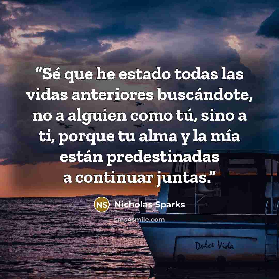“Sé que he estado todas las vidas anteriores buscándote, no a alguien como tú, sino a ti, porque tu alma y la mía están predestinadas a continuar juntas.” quote by Nicholas Sparks