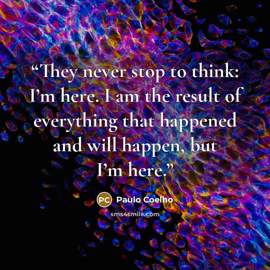 “They never stop to think: I’m here. I am the result of everything that happened and will happen, but I’m here.” quote by Paulo Coelho