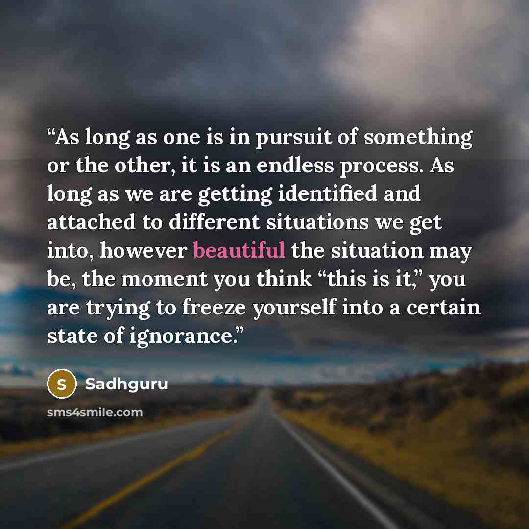 “As long as one is in pursuit of something or the other, it is an endless process. As long as we are getting identified and attached to different situations we get into, however beautiful the situation may be, the moment you think “this is it,” you are trying to freeze yourself into a certain state…” quote by Sadhguru