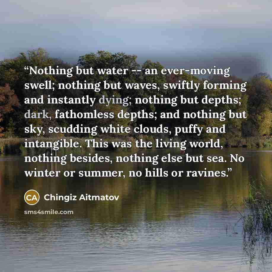 “Nothing but water -- an ever-moving swell; nothing but waves, swiftly forming and instantly dying; nothing but depths; dark, fathomless depths; and nothing but sky, scudding white clouds, puffy and intangible. This was the living world, nothing besides, nothing else but sea. No winter or summer…” quote by Chingiz Aitmatov