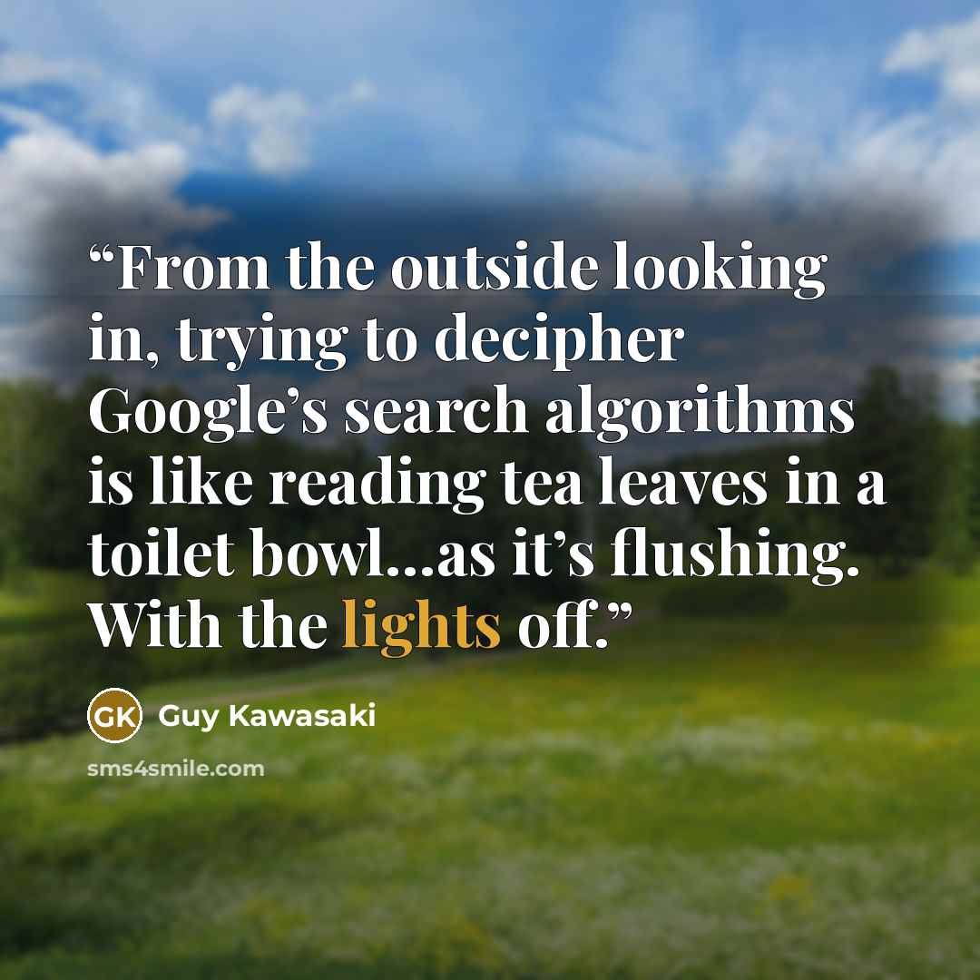 “From the outside looking in, trying to decipher Google’s search algorithms is like reading tea leaves in a toilet bowl…as it’s flushing. With the lights off.” quote by Guy Kawasaki