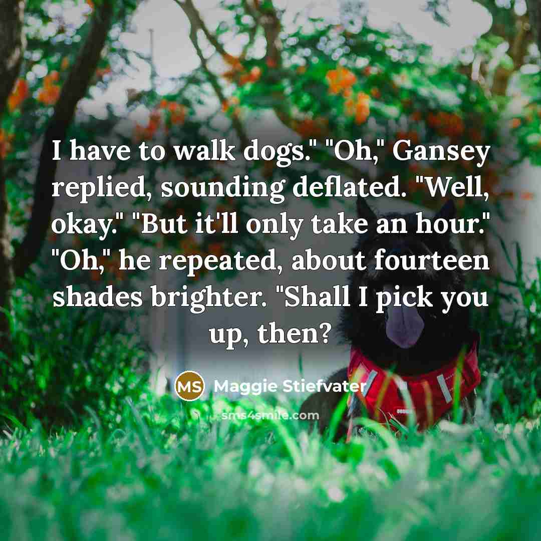 “I have to walk dogs." "Oh," Gansey replied, sounding deflated.…” quote by Maggie Stiefvater