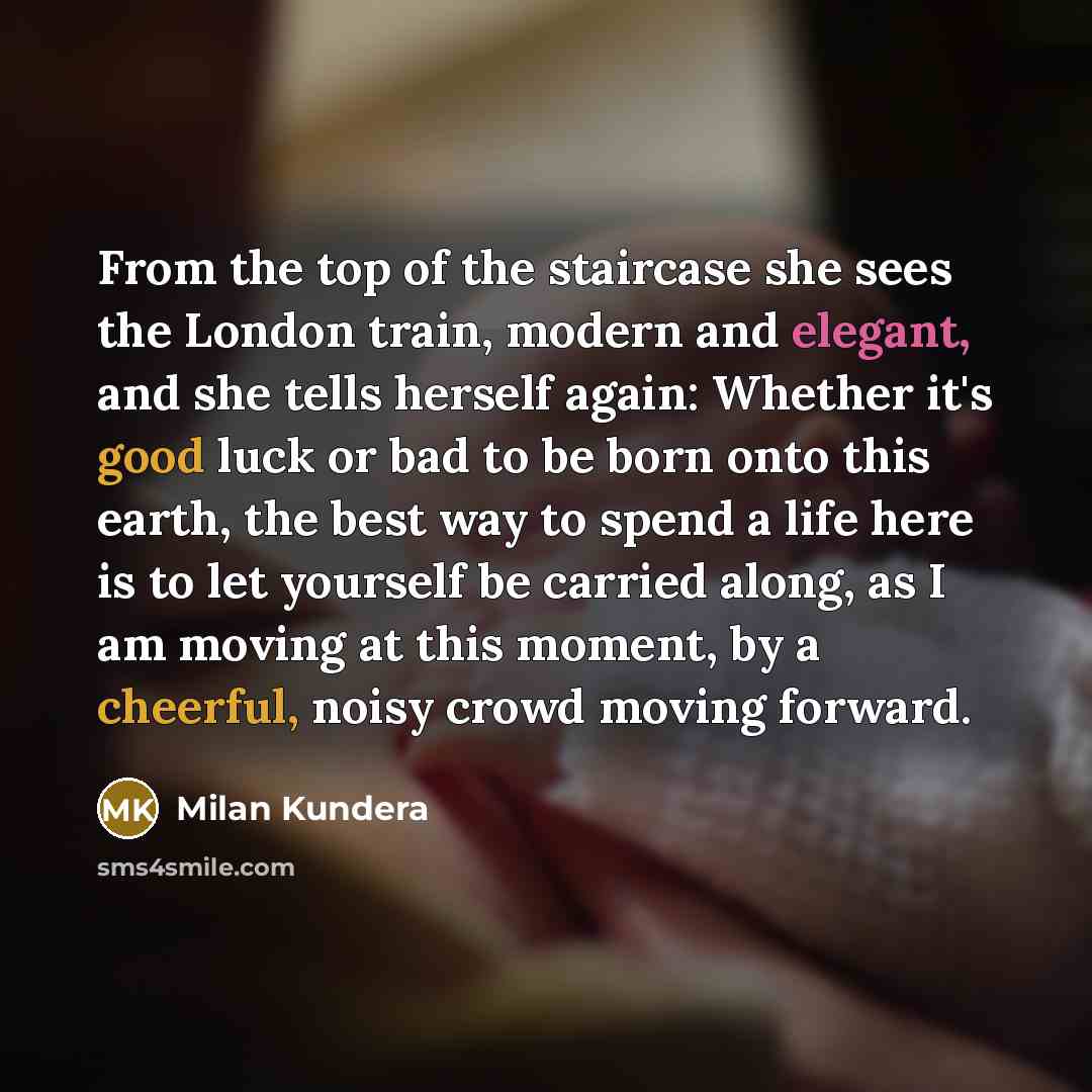 “From the top of the staircase she sees the London…” quote by Milan Kundera