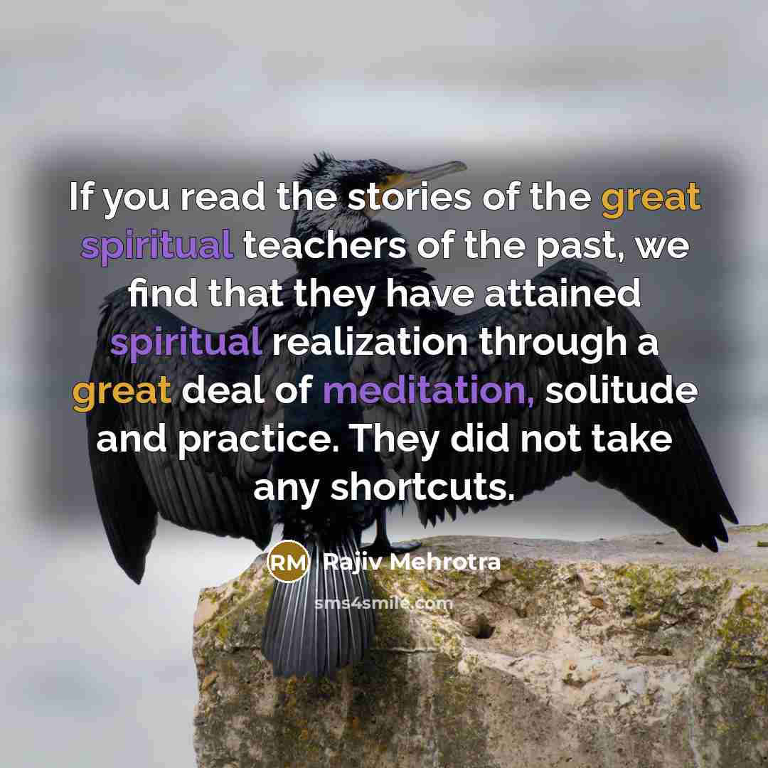“If you read the stories of the great spiritual teachers of the past, we find that they have attained spiritual realization through a great deal of meditation, solitude and practice. They did not take any shortcuts.” quote by Rajiv Mehrotra