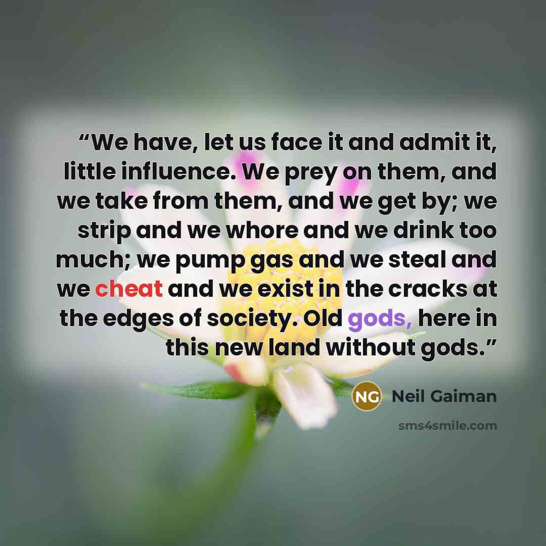 “We have, let us face it and admit it, little influence. We prey on them, and we take from them, and we get by; we strip and we whore and we drink too much; we pump gas and we steal and we cheat and we exist in the cracks at the edges of society. Old gods, here in this new land without gods.” quote by Neil Gaiman