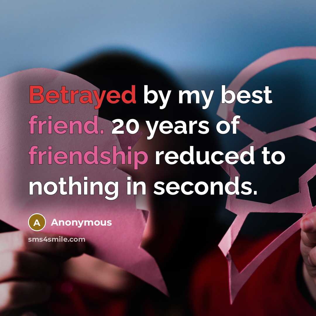 “Betrayed by my best friend. 20 years of friendship reduced…” quote by Anonymous