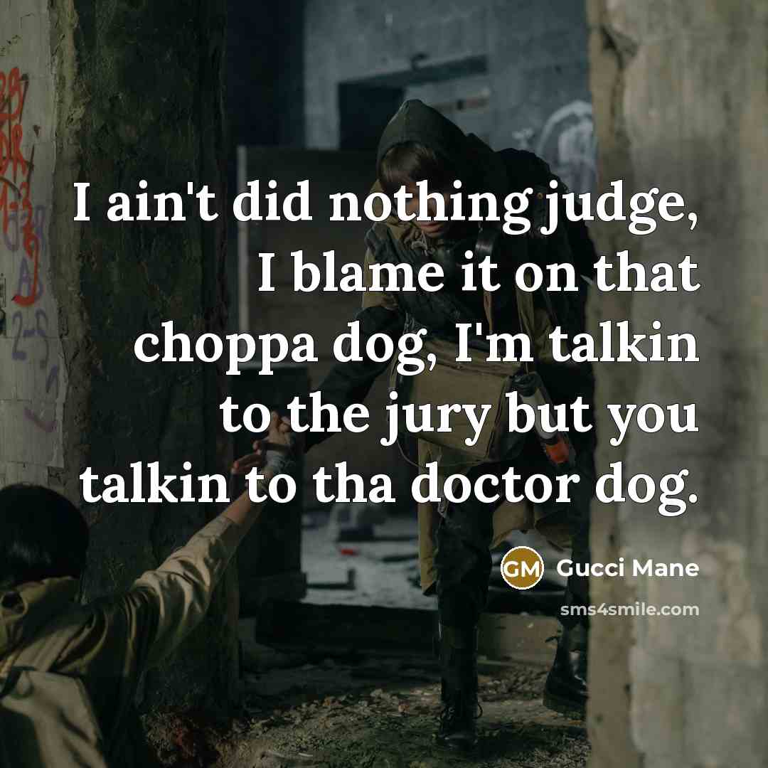 “I ain't did nothing judge, I blame it on that choppa dog, I'm talkin to the jury but you talkin to tha doctor dog.” quote by Gucci Mane