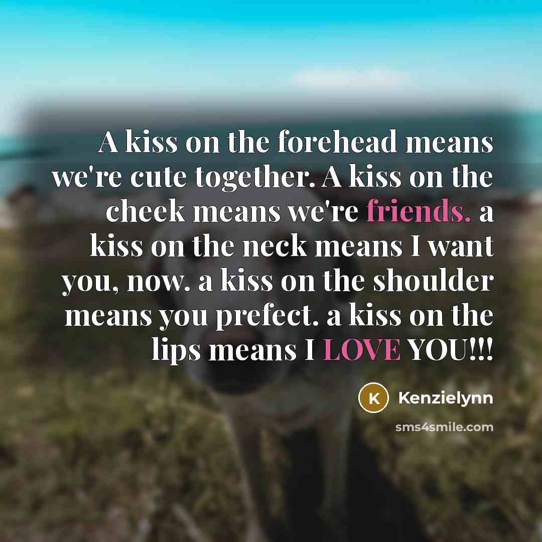“A kiss on the forehead means we're cute together. A kiss on the cheek means we're friends. a kiss on the neck means I want you, now. a kiss on the shoulder means you prefect. a kiss on the lips means I LOVE YOU!!!” quote by KENZIELYNN
