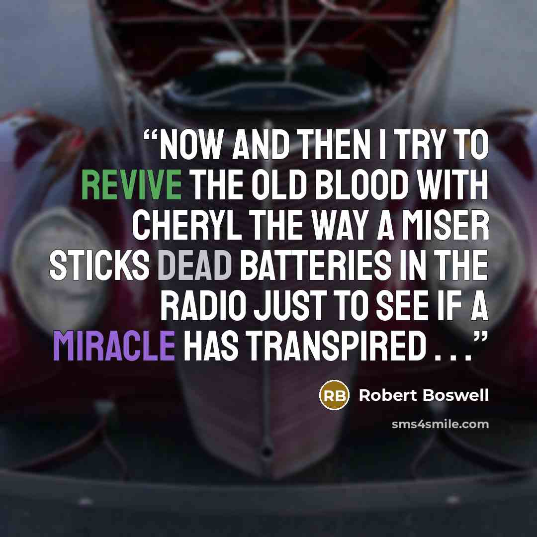 “Now and then I try to revive the old blood with Cheryl the way a miser sticks dead batteries in the radio just to see if a miracle has transpired . . .” quote by Robert Boswell