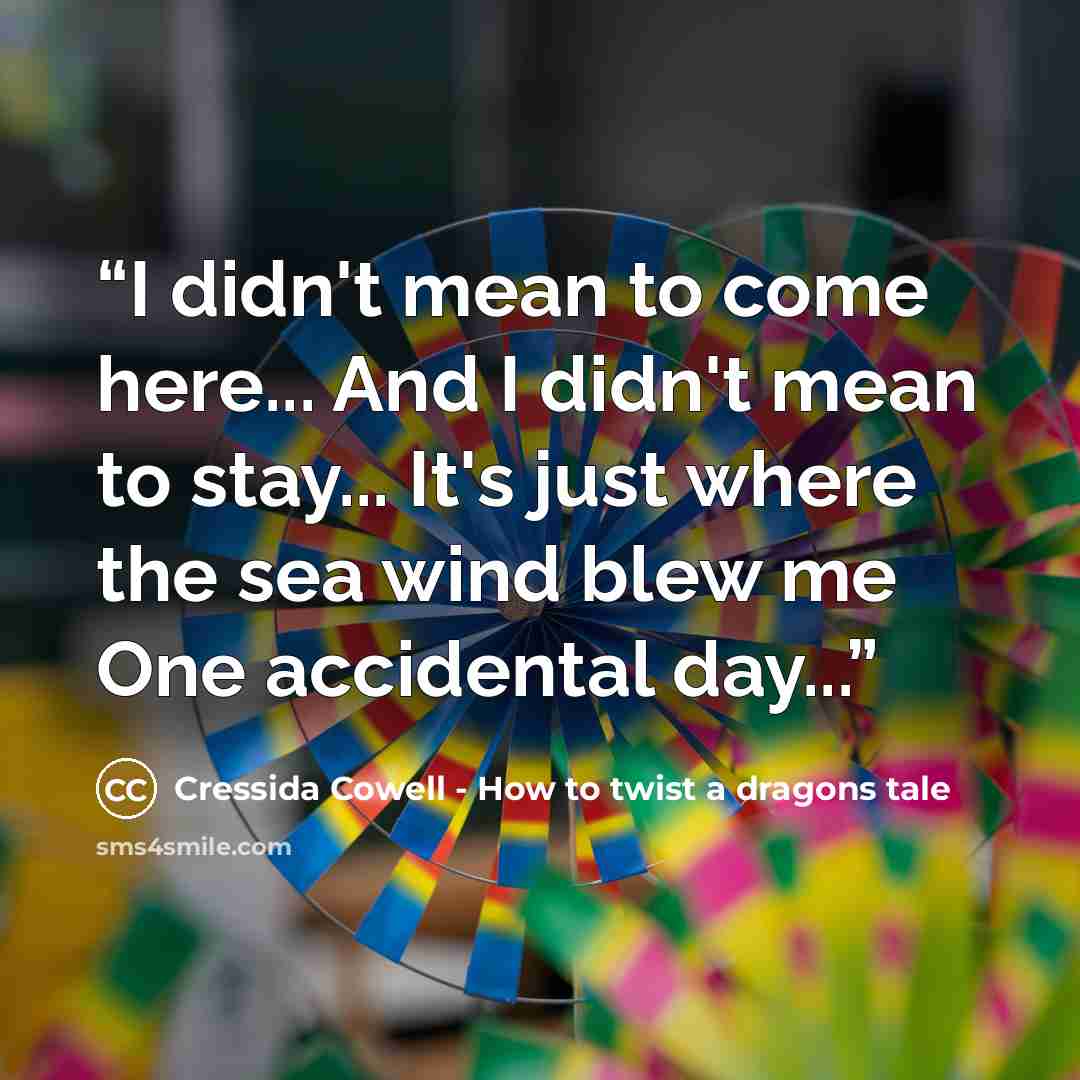 “I didn't mean to come here... And I didn't mean to stay... It's just where the sea wind blew me One accidental day...” quote by Cressida Cowell - How to twist a dragons tale