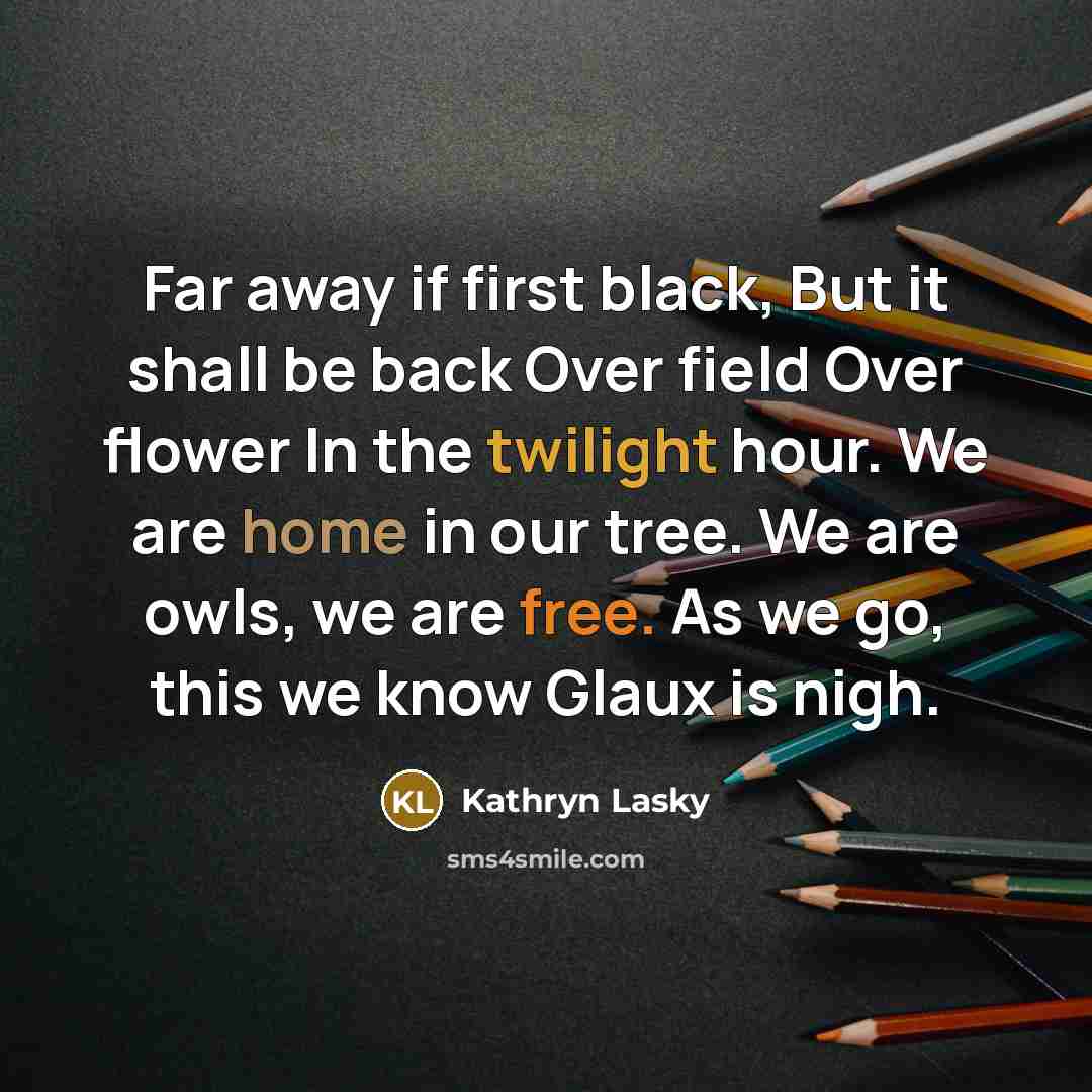 “Far away if first black, But it shall be back Over field Over flower In the twilight hour. We are home in our tree. We are owls, we are free. As we go, this we know Glaux is nigh.” quote by Kathryn Lasky