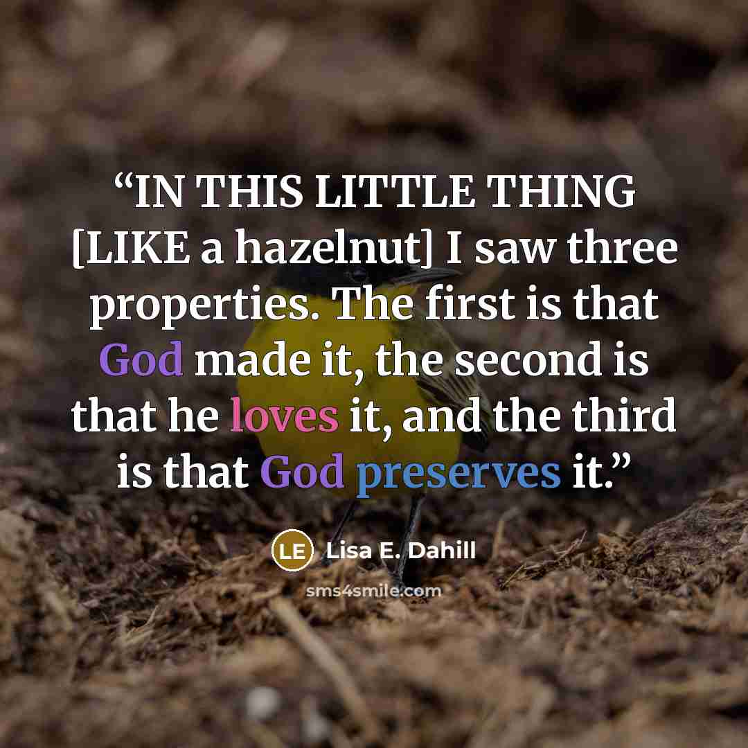 “IN THIS LITTLE THING [LIKE a hazelnut] I saw three properties. The first is that God made it, the second is that he loves it, and the third is that God preserves it.” quote by Lisa E. Dahill
