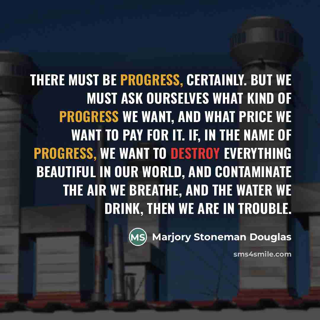 “There must be progress, certainly. But we must ask ourselves…” quote by Marjory Stoneman Douglas