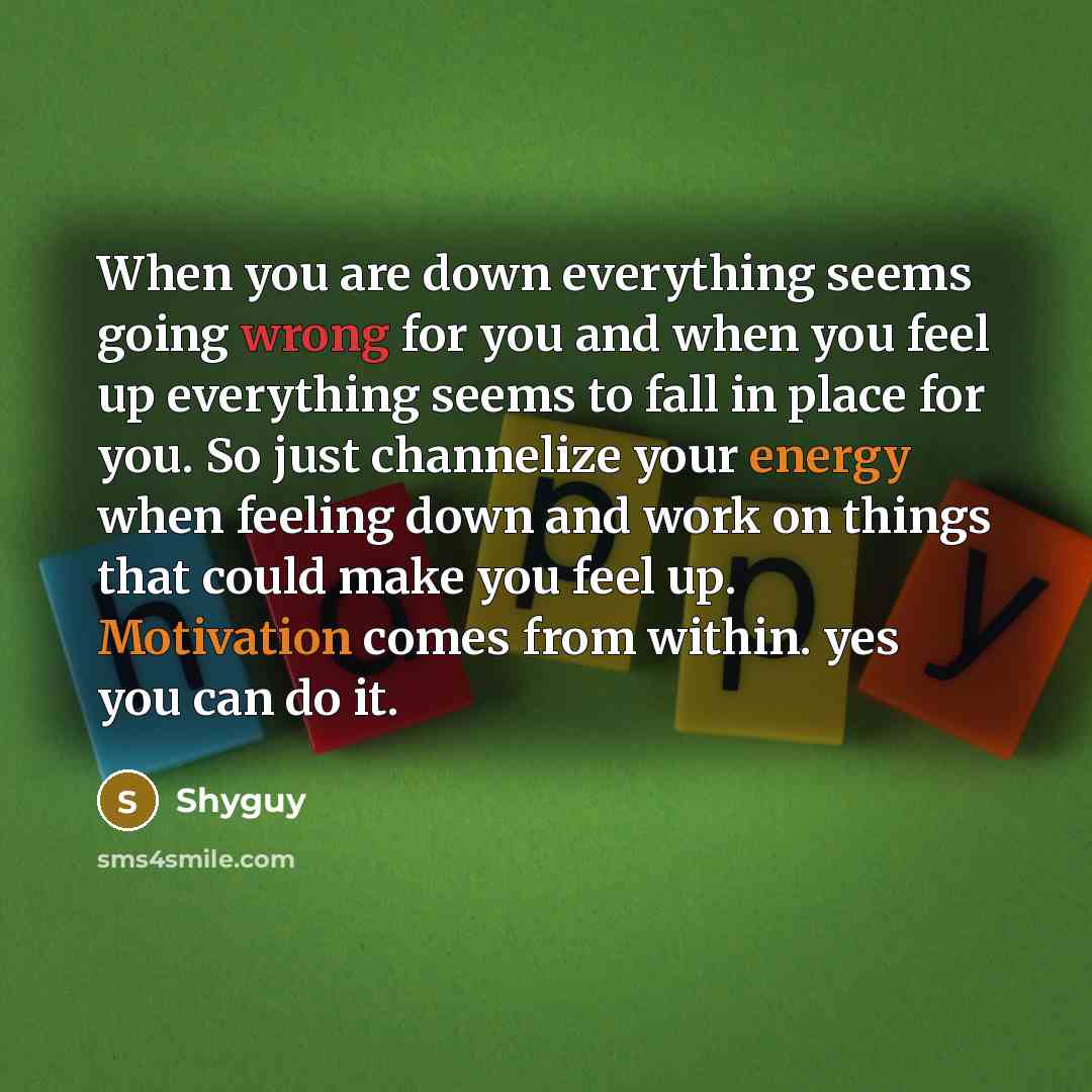 “When you are down everything seems going wrong for you and when you feel up everything seems to fall in place for you. So just channelize your energy when feeling down and work on things that could make you feel up. Motivation comes from within. yes you can do it.” quote by Shyguy