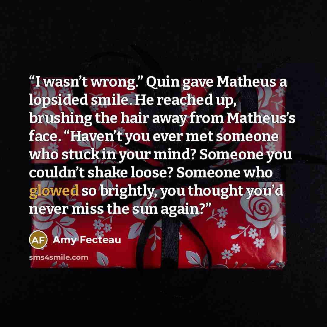 “I wasn’t wrong.” Quin gave Matheus a lopsided smile. He reached up, brushing the hair away from Matheus’s face. “Haven’t you ever met someone who stuck in your mind? Someone you couldn’t shake loose? Someone who glowed so brightly, you thought you’d never miss the sun again?” quote by Amy Fecteau