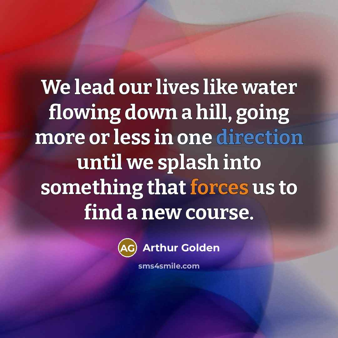 “We lead our lives like water flowing down a hill, going more or less in one direction until we splash into something that forces us to find a new course.” quote by Arthur Golden