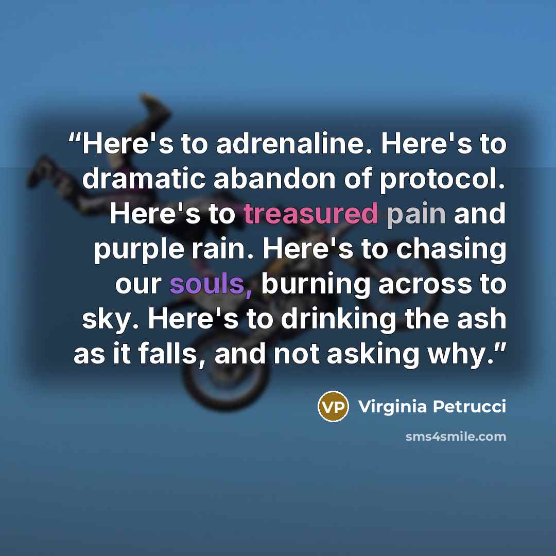 “Here's to adrenaline. Here's to dramatic abandon of protocol. Here's to treasured pain and purple rain. Here's to chasing our souls, burning across to sky. Here's to drinking the ash as it falls, and not asking why.” quote by Virginia Petrucci