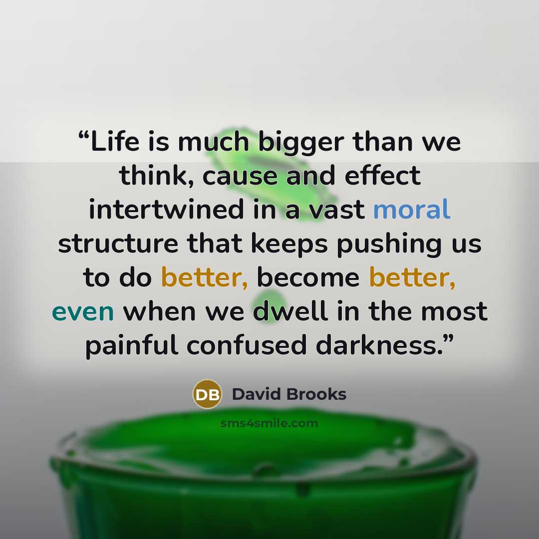 “Life is much bigger than we think, cause and effect intertwined in a vast moral structure that keeps pushing us to do better, become better, even when we dwell in the most painful confused darkness.” quote by David Brooks