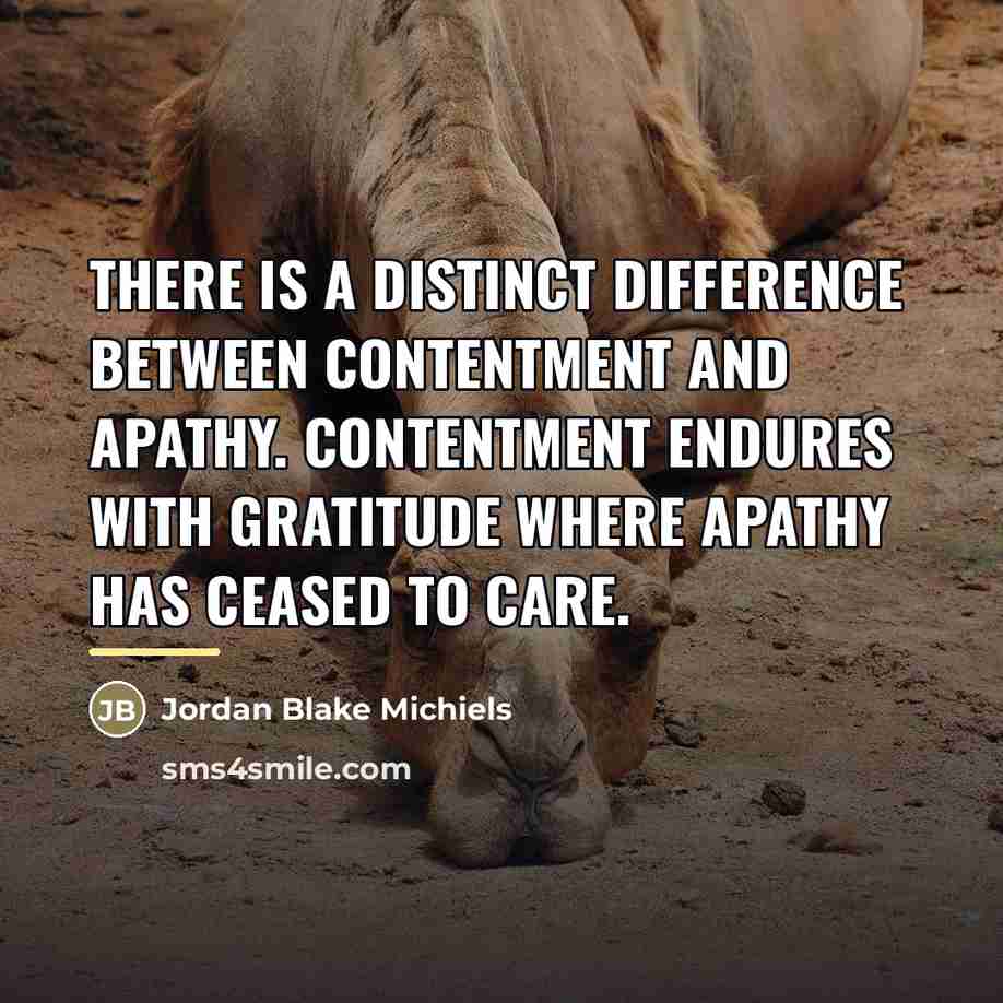 “There is a distinct difference between contentment and apathy. Contentment…” quote by Jordan Blake Michiels