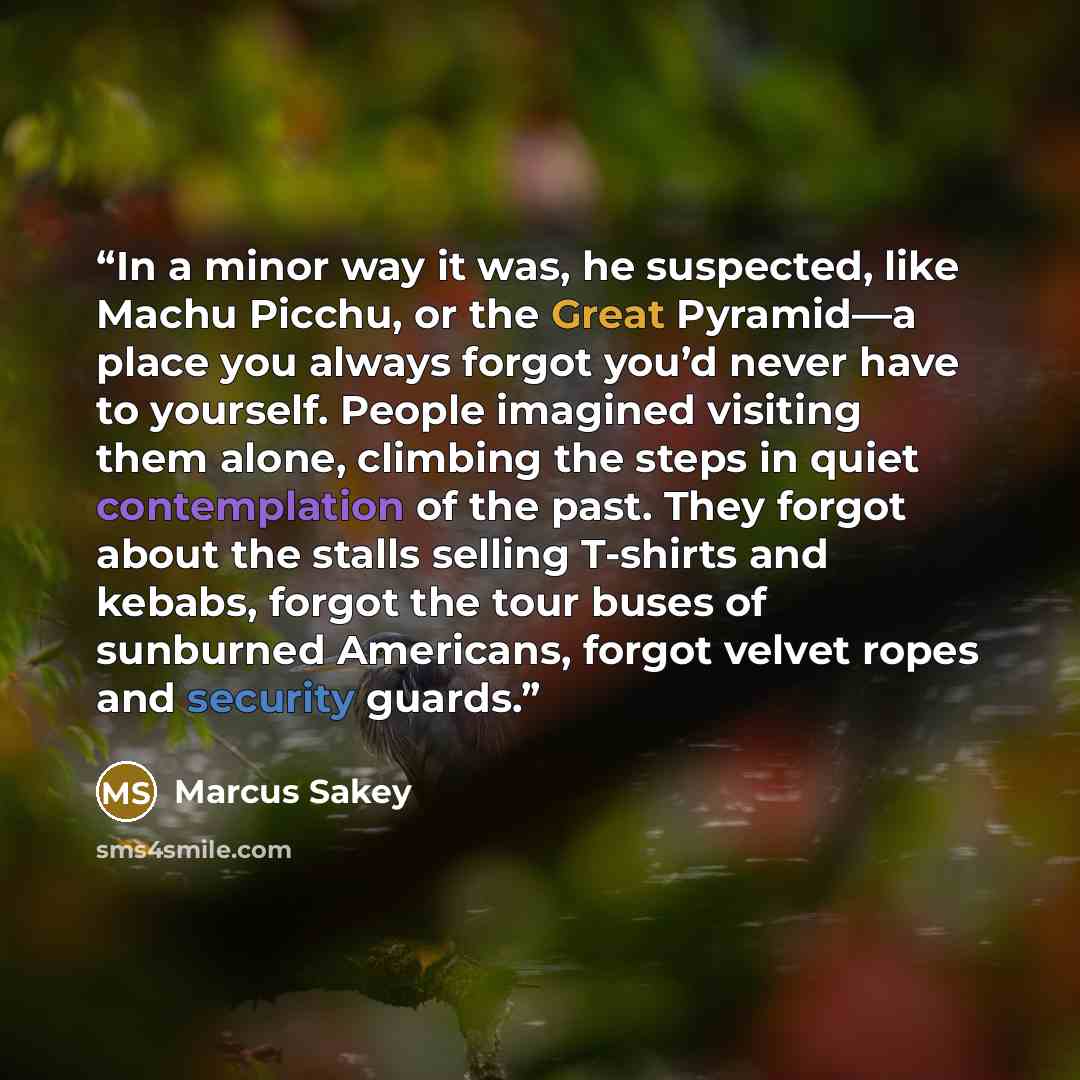 “In a minor way it was, he suspected, like Machu Picchu, or the Great Pyramid—a place you always forgot you’d never have to yourself. People imagined visiting them alone, climbing the steps in quiet contemplation of the past. They forgot about the stalls selling T-shirts and kebabs, forgot the tour…” quote by Marcus Sakey