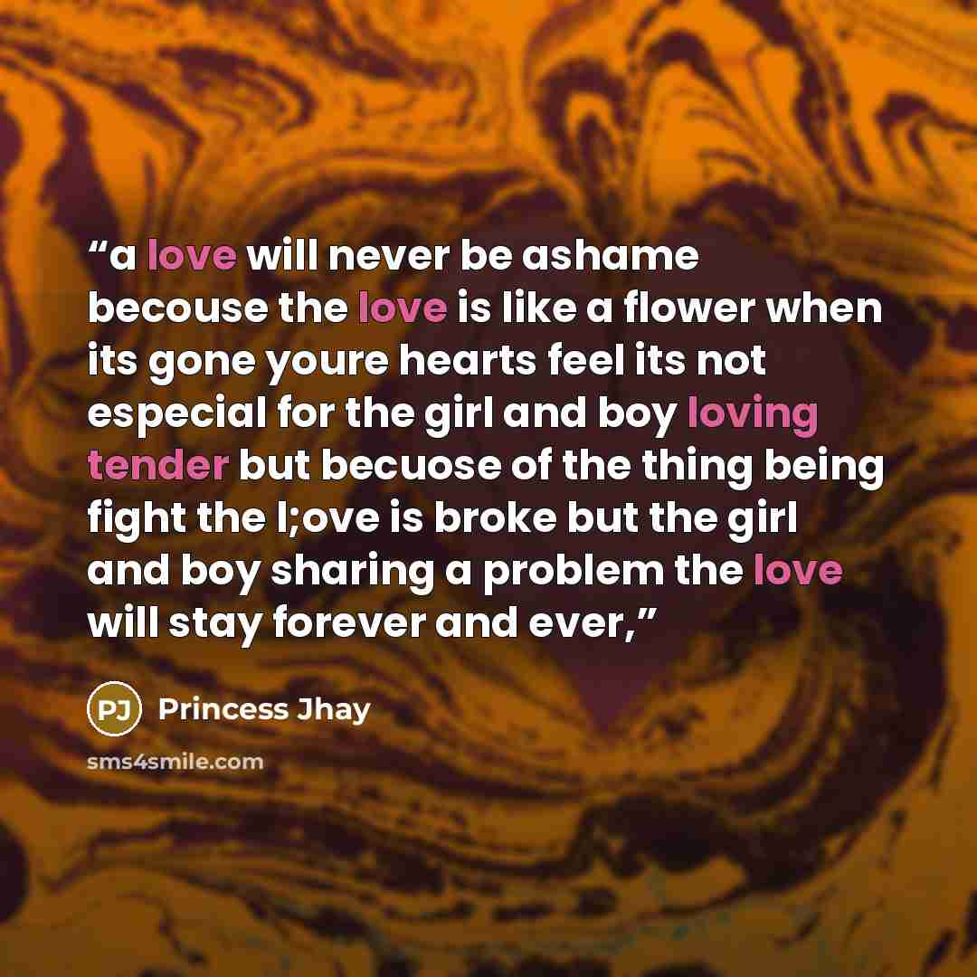 “a love will never be ashame becouse the love is like a flower when its gone youre hearts feel its not especial for the girl and boy loving tender but becuose of the thing being fight the l;ove is broke but the girl and boy sharing a problem the love will stay forever and ever,” quote by Princess Jhay
