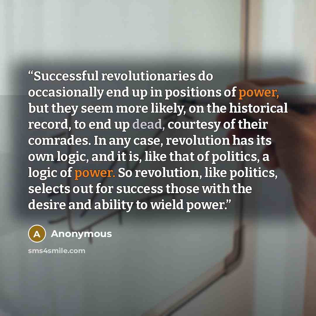 “Successful revolutionaries do occasionally end up in positions of power, but they seem more likely, on the historical record, to end up dead, courtesy of their comrades. In any case, revolution has its own logic, and it is, like that of politics, a logic of power. So revolution, like politics…” quote by Anonymous