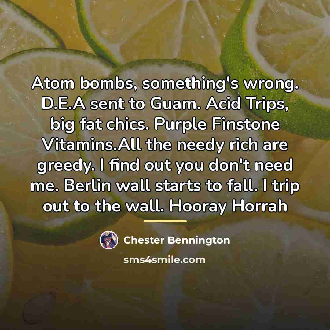 “Atom bombs, something's wrong. D.E.A sent to Guam. Acid Trips,…” quote by Chester Bennington
