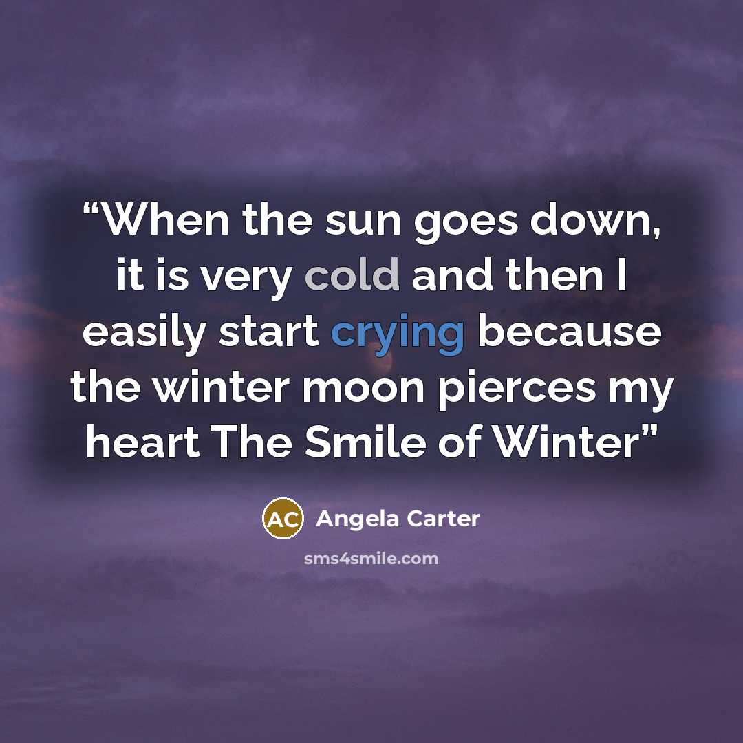 “When the sun goes down, it is very cold and then I easily start crying because the winter moon pierces my heart The Smile of Winter” quote by Angela Carter