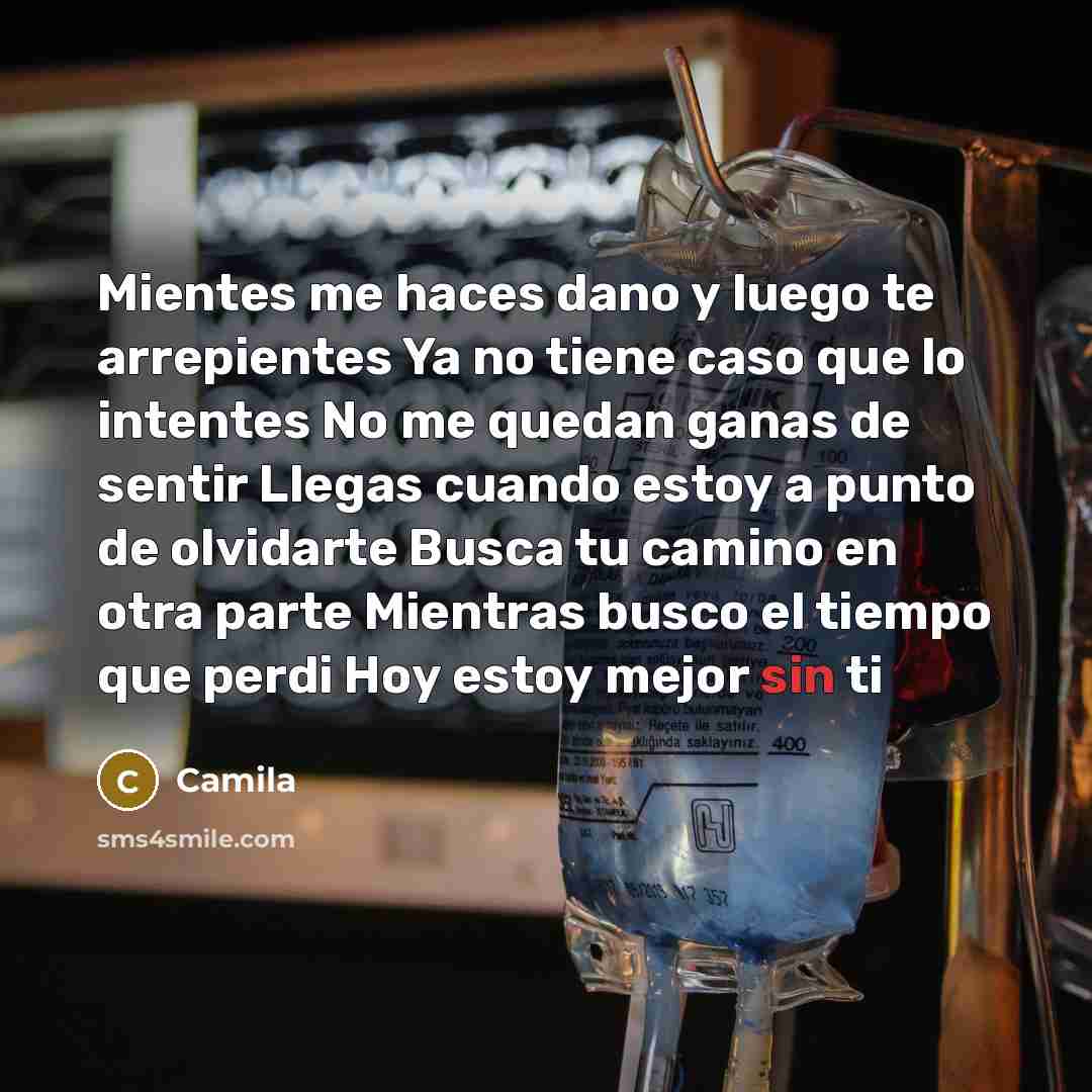 “Mientes me haces dano y luego te arrepientes Ya no tiene caso que lo intentes No me quedan ganas de sentir Llegas cuando estoy a punto de olvidarte Busca tu camino en otra parte Mientras busco el tiempo que perdi Hoy estoy mejor sin ti” quote by Camila