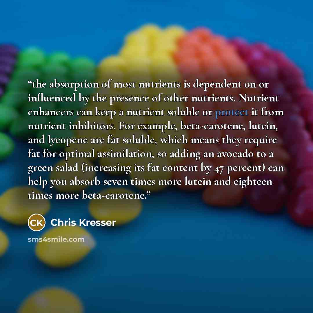“the absorption of most nutrients is dependent on or influenced by the presence of other nutrients. Nutrient enhancers can keep a nutrient soluble or protect it from nutrient inhibitors. For example, beta-carotene, lutein, and lycopene are fat soluble, which means they require fat for optimal…” quote by Chris Kresser