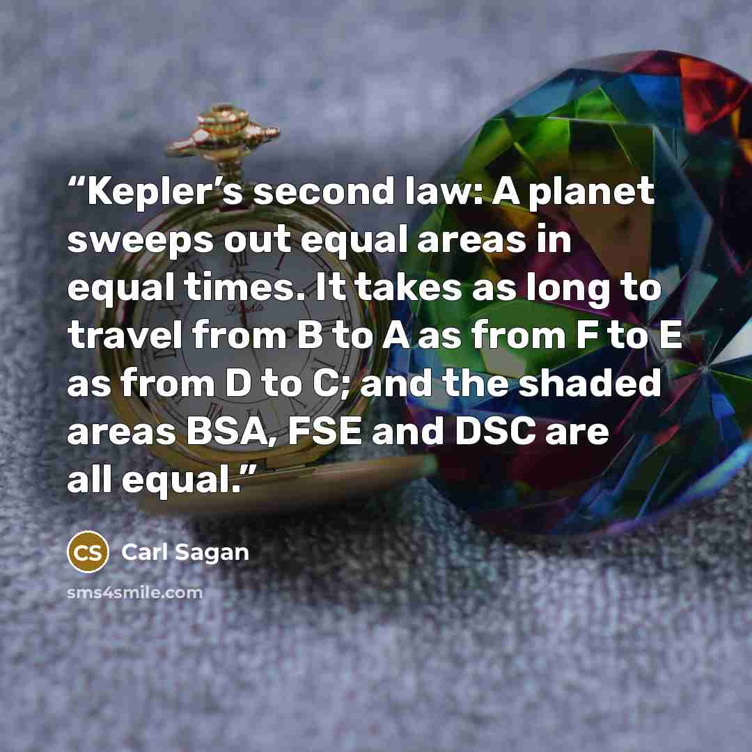 “Kepler’s second law: A planet sweeps out equal areas in equal times. It takes as long to travel from B to A as from F to E as from D to C; and the shaded areas BSA, FSE and DSC are all equal.” quote by Carl Sagan