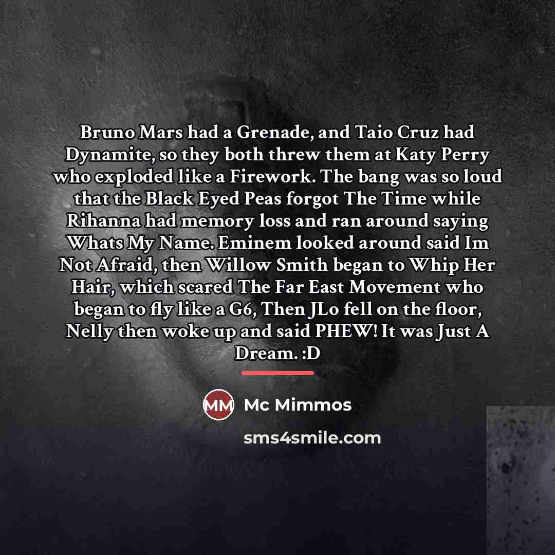 “Bruno Mars had a Grenade, and Taio Cruz had Dynamite,…” quote by Mc Mimmos