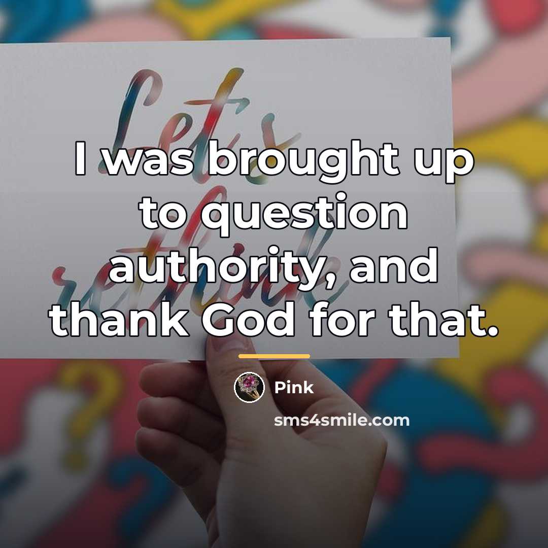 “I was brought up to question authority, and thank God…” quote by Pink