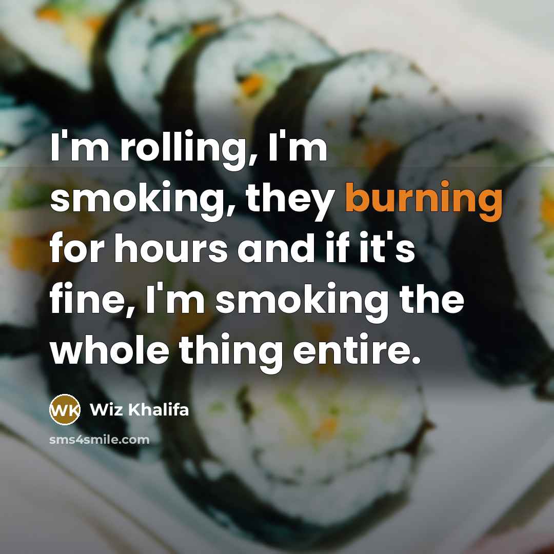 “I'm rolling, I'm smoking, they burning for hours and if it's fine, I'm smoking the whole thing entire.” quote by Wiz Khalifa